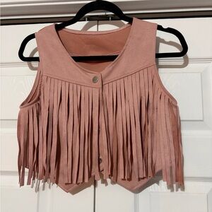 SHEIN Faux Suede Dusty Pink Fringe Crop Top Snap Vest